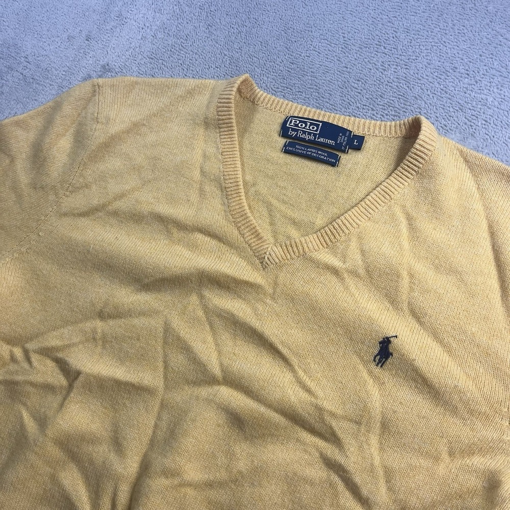 Polo Ralph Lauren Lambs Wool V-Neck Sweater Long Sleeve Yellow Men's Large